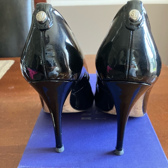 Stuart Weitzman Logoflame Black Patent Peep-toe Heels Sz 9M - Picture 5 of 8
